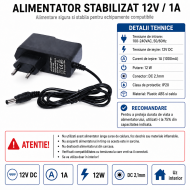 Alimentator stabilizat 12v 1a 12W DC 2.1mm IP20