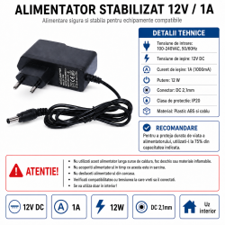Alimentator stabilizat 12v 1a 12W DC 2.1mm IP20