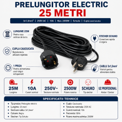 Prelungitor electric 25m, 3x1.5mm2, negru, 10A, 2500W