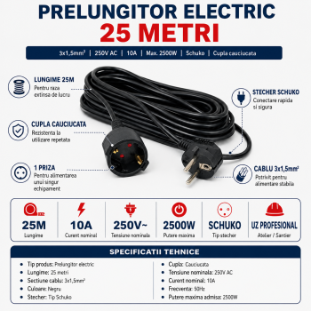 Prelungitor electric 25m, 3x1.5mm2, negru, 10A, 2500W