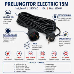 Prelungitor negru electric 15m, 3x1.5mm2, Schuko, 10A, 2500W