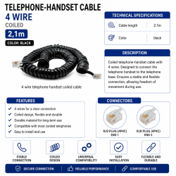 Cablu telefon fix receptor 4 fire spiralat negru 2.1m