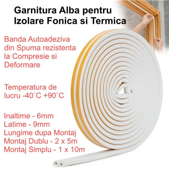 Garnitura etansare autoadeziva alba 9x6mm, 10m, pentru usi si ferestre