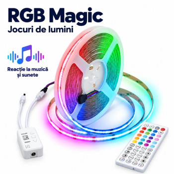 Kit banda LED COB RGB Magic 10m, 24V, 576 LED/m, controler muzical si telecomanda