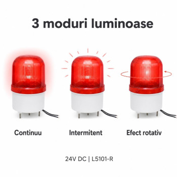 Lampa semnalizare LED 24V rosie, 3 moduri, continuu, intermitent, rotativ