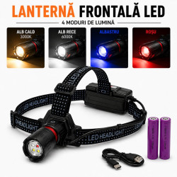 Lanterna vanatoare frontala LED 4 culori USB-C zoom 18650