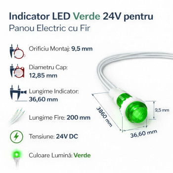 Bec martor 24v LED verde panou 9.5mm set 10 bucati