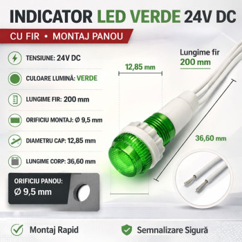 Bec martor 24v LED verde panou 9.5mm set 10 bucati
