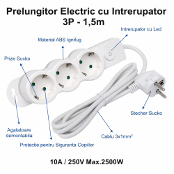 Prelungitor electric cu intrerupator 3 prize 1,5m
