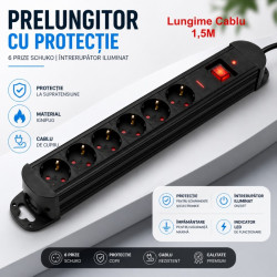 Prelungitor 6 prize 1.5m cu protectie si intrerupator LED