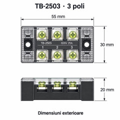 Regleta electrica 3 poli 25A 600V, cu capac, TB-2503, set 10 bucati