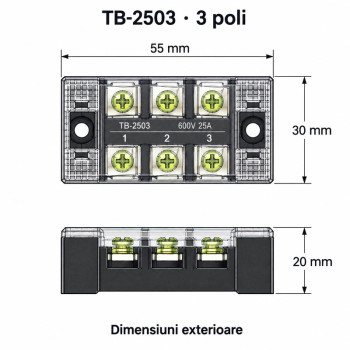 Regleta electrica 3 poli 25A 600V, cu capac, TB-2503, set 10 bucati