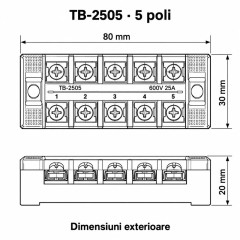 Regleta electrica 5 poli 25A 600V, cu capac, TB-2505, set 10 bucati
