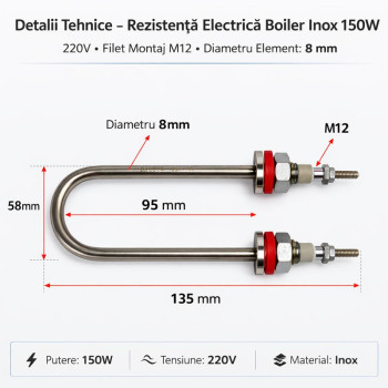 Rezistenta Boiler inox 150W 220V filet M12 tip U