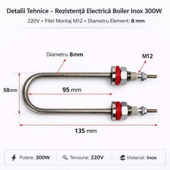 Rezistenta Boiler inox 300W 220V filet M12 tip U