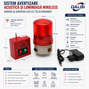 Sistem avertizare acustica si luminoasa, sirena si girofar LED cu telecomanda wireless 220V