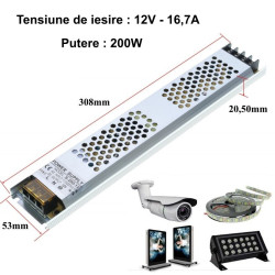 Sursa de alimentare 12v 200w slim 16.7A aluminiu LED interior