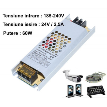 Sursa alimentare 24v 60w slim 2.5a aluminiu pentru banda LED