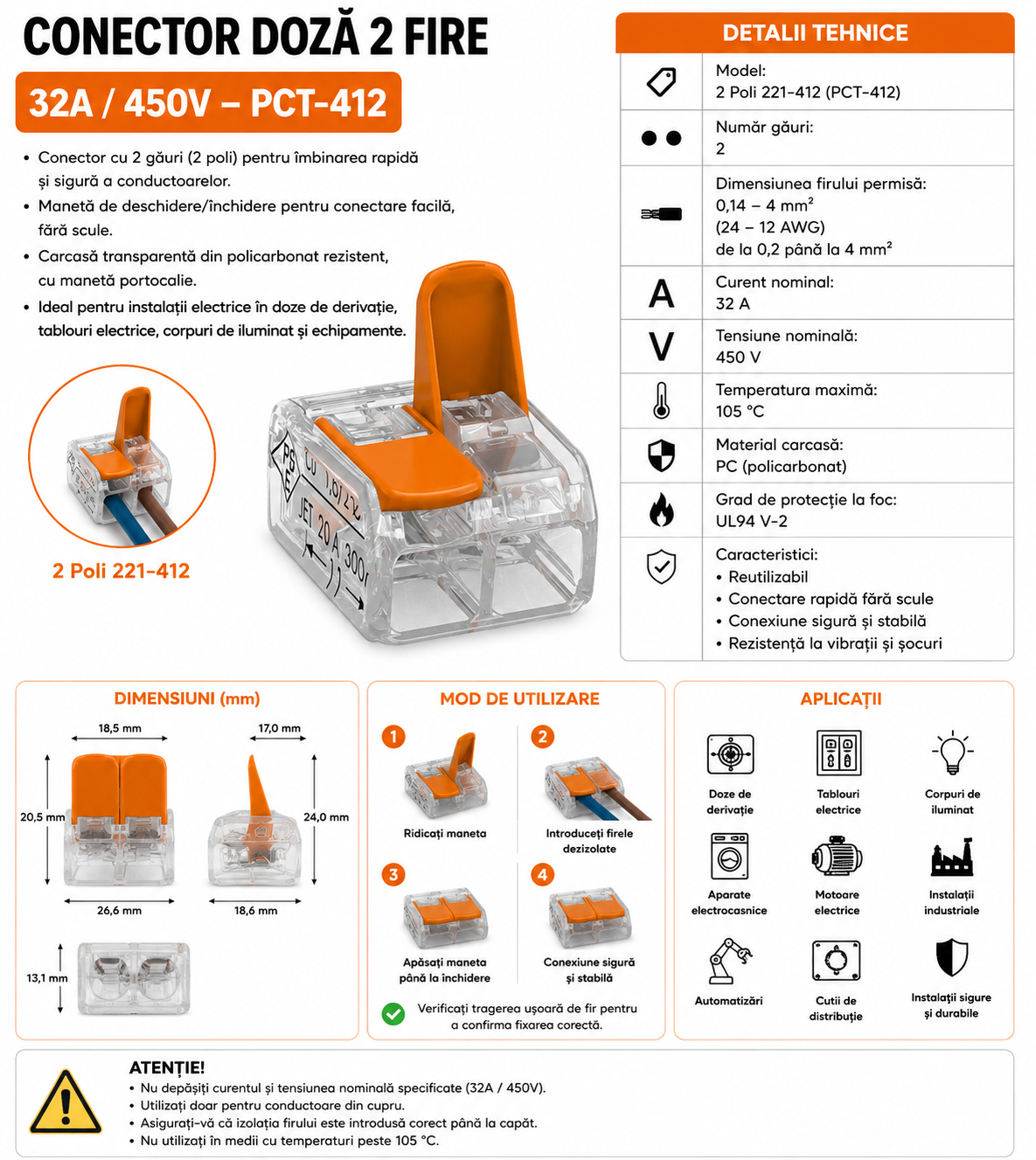 Conector Doza 2 Fire 4KV 32A PCT-412 Set 20 Buc