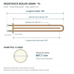 Rezistenta Boiler 2000W cu Flansa, Picior Lung PL, 220V, Cupru