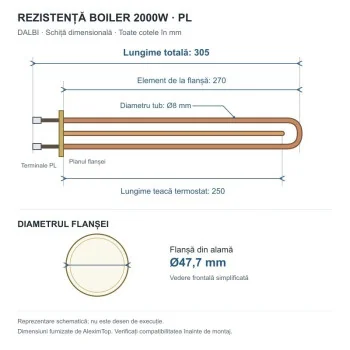 Rezistenta Boiler 2000W cu Flansa, Picior Lung PL, 220V, Cupru
