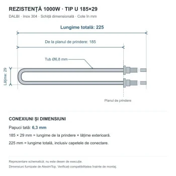 Rezistenta Electrica 1000W din Inox 304, Tip U, 185x29mm, 220V