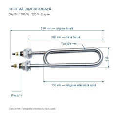 Rezistenta Electrica 1500W din Inox 304, 2 Spire, 165x45mm, Filet M14, 220V
