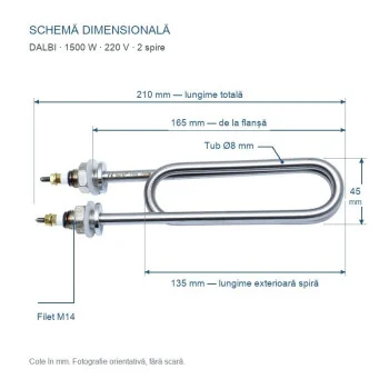 Rezistenta Electrica 1500W din Inox 304, 2 Spire, 165x45mm, Filet M14, 220V