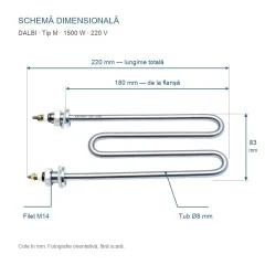 Rezistenta Electrica 1500W din Inox 304, Tip M, 180x83mm, Filet M14, 220V