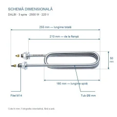 Rezistenta Electrica 2500W din Inox 304, 3 Spire, 210x50mm, Filet M14, 220V